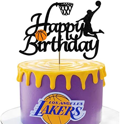 Vivicraft Basketball Theme Cake Topper for Boy Birthday Decorations, Double Sided Glittery Happy Birthday Basketball Cake Toppers for Party Supplies (1pcs, Black)