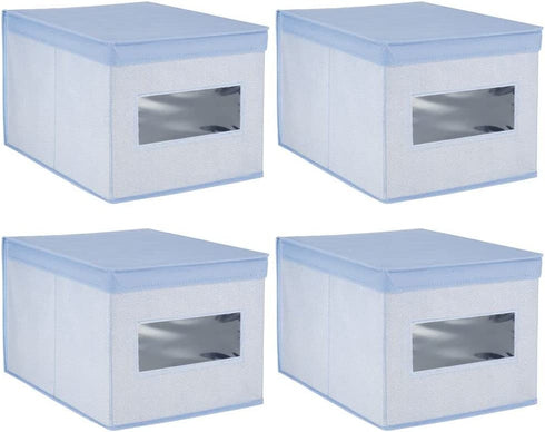 mDesign Soft Fabric Stackable Closet Storage Organizer Holder Box Bin with Clear Window, Attached Hinged Lid - Bedroom, Hallway, Entryway, Closet, Bathroom - Textured Print, 4 Pack - Blue Herringbone