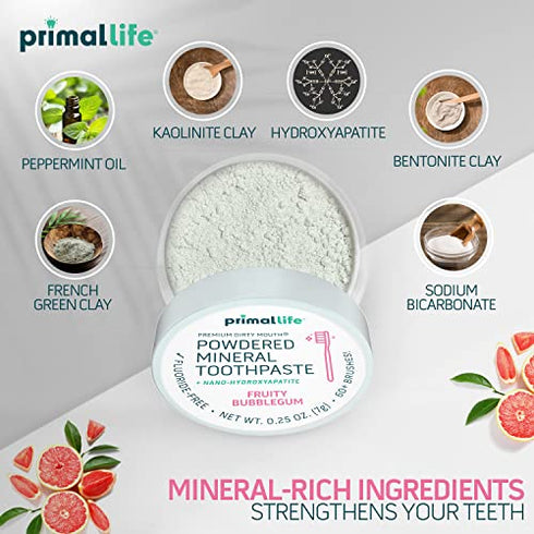 Primal Life Organics - Dirty Mouth Toothpowder, Tooth Cleaning Powder, Flavored Essential Oils with Natural Kaolin & Bentonite Clay, Good for 200+ Brushings, Organic, Vegan (Sweet Bubblegum, 0.25 oz)
