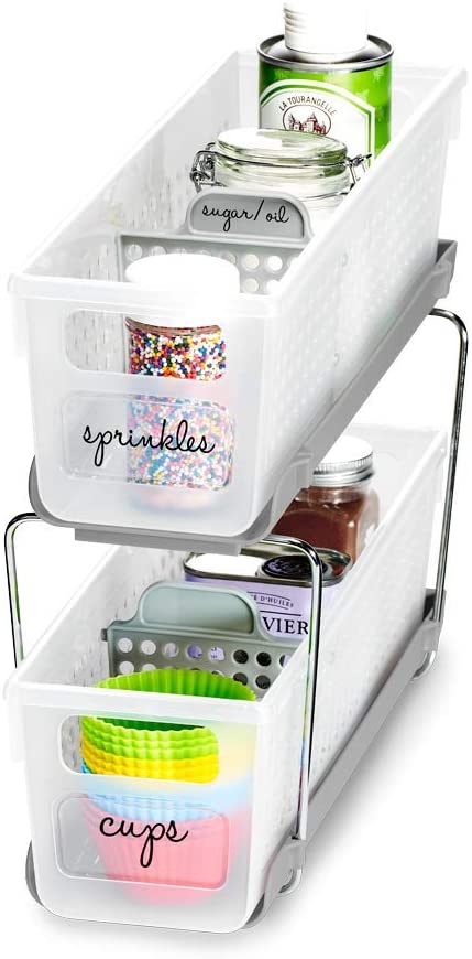 madesmart 2-Tier Organizer Bath Collection Slide-out Baskets with Handles, Space Saving, Multi-purpose Storage & BPA-Free, Mini, Frost-With Dividers