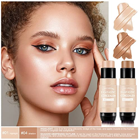 ONLYOILY 2 Pcs Contour & Highlighter Stick, Concealer & Bronzer Stick With Brush, Longwear Foundation Stick, Smooth, Blends Easily Face Makeup