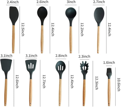 ONMIER Kitchen Cooking Utensils Set, 9 pcs Non-stick Silicone Cooking Kitchen Utensils Spatula Set,BPA Free Wooden Handle Silicone Kitchen Gadgets Utensil Set (Grey)