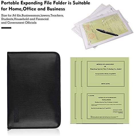 Expanding File Folder Important Document Organizer Fireproof & Waterproof Document Bag with A4 Size 3 Pockets Zipper Closure Non-Itchy Silicone Coated Portable Filing Wallet Pouch(14.3inx9.8inx1.6in)