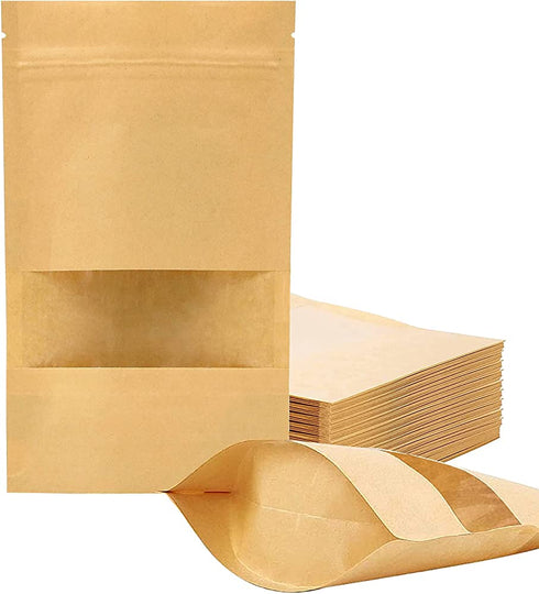 100 Pcs Kraft Paper Bags with Window, 4.7" x 7.9" Stand Up Pouches Bags, Zip Lock Food Storage Bags for Packaging Products, Reusable, Sealable