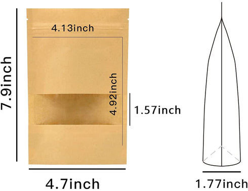 100 Pcs Kraft Paper Bags with Window, 4.7" x 7.9" Stand Up Pouches Bags, Zip Lock Food Storage Bags for Packaging Products, Reusable, Sealable