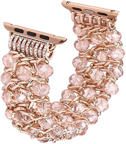 Bling Beaded Bracelet Compatible for Apple Watch 38mm 40mm 41mm 42mm 44mm 45mm 49mm Band,Fohuas Luxury Crystal Glitter Beads Pearl Bangle for iWatch Ultra Series SE 8 7 6 5 4 3 2 1 Glitter Metal Chain Elastic Stretch Jewelry Strap for iphone watch Women G
