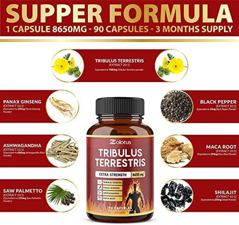 Tribulus Terrestris, 8650mg Per Capsule, High Potency with Ashwagndha, Panax Ginseng, Saw Palmetto, Maca, Shilajit. Boost Energy, Mood, Stamina & Performance, for Men & Women, 3 Months Supply.