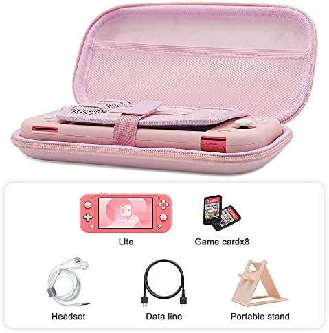 BRHE Pink Travel Carrying Case Accessories Kit for Switch Lite, Hard Protective Cover Skin Shell with Stand, Glass Screen Protector, Thumb Grip Caps 9 in 1