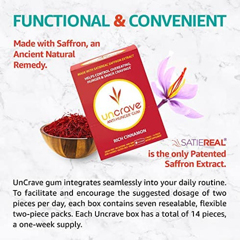 UnCrave Anti-Hunger Gum with Satiereal Saffron Extract - Control Compulsive Snacking, Overeating and Cravings for Healthy Weight Management - Improve Mood - Rich Cinnamon, Box of 7 Packs