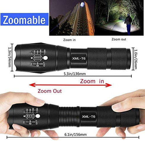 BINWO LED Tactical Flashlight, Super Bright High Lumen XML T6 LED Flashlights Portable Outdoor Water Resistant Torch Light Zoomable Flashlight with 5 Light Modes, 2 Pack
