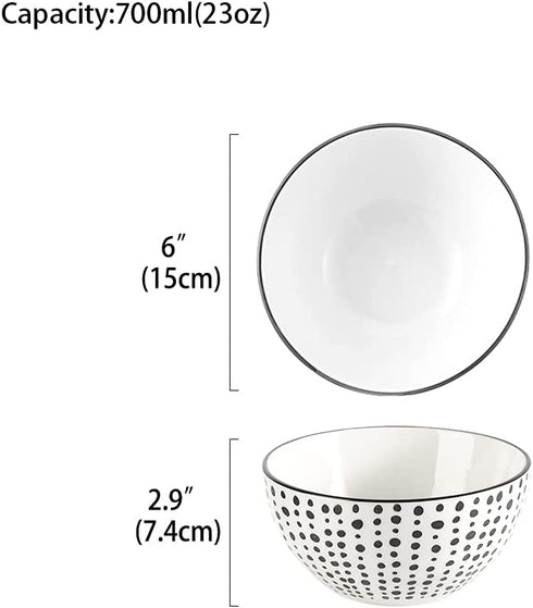 Soup Bowls Porcelain 23 OZ- Cereal Bowl 6 Inch - Deep Japanese Bowls for Serving Salad | Ramen | Noodle | Pho | Oatmeal - Microwave and Dishwasher Safe - Set of 6