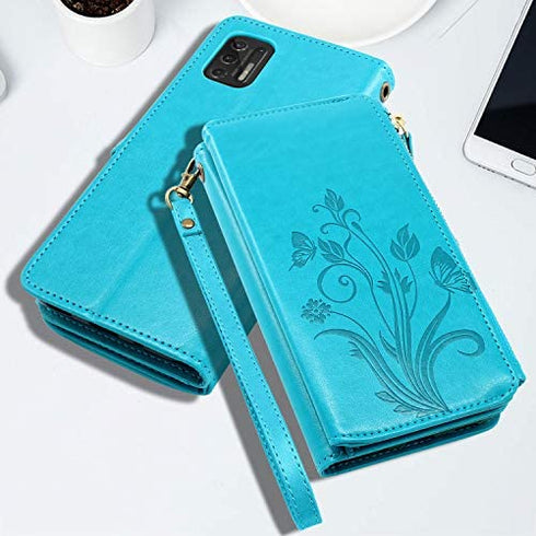 Lacass [Cards Theft Scan Protection 10 Card Slots Holder Zipper Pocket Wallet Case Flip Leather Cover with Wrist Strap Magnetic Closure Stand Carrying Pouch for Moto G Stylus 2021 4G Floral Blue