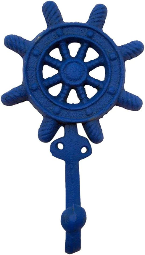 Wowser Rustic Brown, Red and Blue Cast Iron Ship Wheel Wall Hooks, Set of 4, 6 1/2 Inch