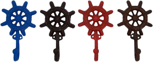 Wowser Rustic Brown, Red and Blue Cast Iron Ship Wheel Wall Hooks, Set of 4, 6 1/2 Inch