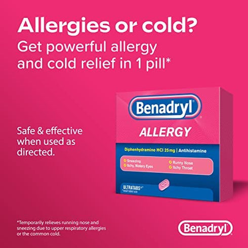 Benadryl Ultratabs Go Packs, Antihistamine Allergy Medicine Tablets with Diphenhydramine HCl, Convenient for Travel & On-The-Go Cold & Allergy Relief, 60 Packets of 2 Tablets