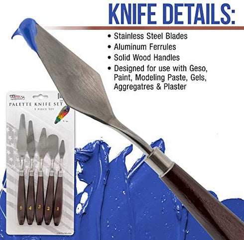 U.S. Art Supply 5-Piece Stainless Steel Palette Knife Set - Flexible Spatula Painting Knives for Color Mixing, Spreading, Applying Oil & Acrylic Paint on Canvases, Cake Icing, 3D Printer Removal Tool