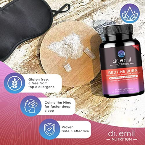 DR EMIL NUTRITION Bedtime Burn PM Fat Burner - Sleep Aid and Nighttime Appetite Suppressant - Stimulant-Free Weight Loss Pills and Metabolism Booster for Women and Men, 30 Day Supply