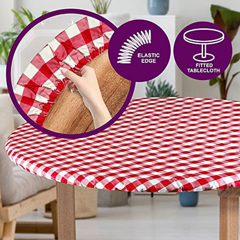 Sorfey Tablecloth -Fitted with Elastic, Vinyl with Flannel Back, Fits for Table 36 Inches Round ,Water Proof, Easy to Clean, Checked Red Design