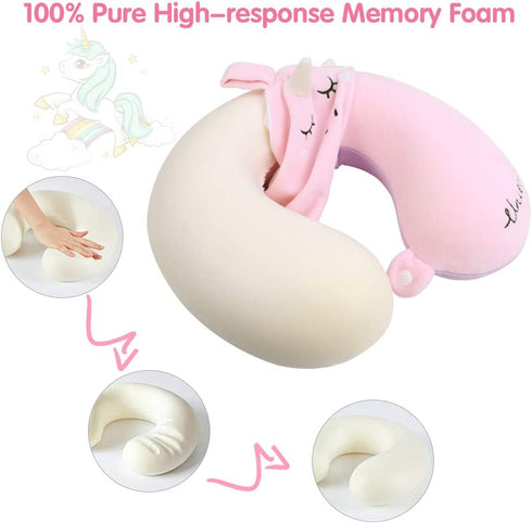 Kids Travel Neck Pillow,Unicorn Memory Foam Pillow with Snap,U-Shaped Airplane Car Flight Head Neck Support Pillow with Washable Cover for Adults Toddler,Gifts for Children,Boys,Girls (Pink)