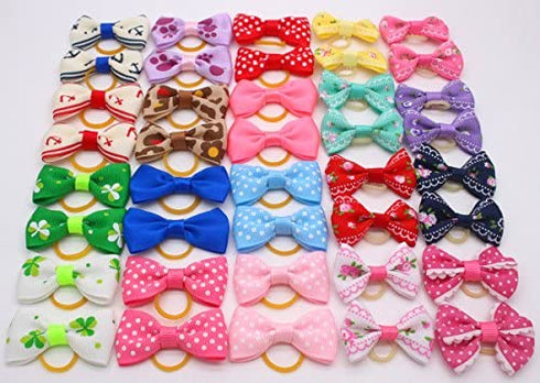 YOY 40 Pcs Adorable Grosgrain Ribbon Pet Dog Hair Bows with Elastics Ties - Stretchy Rubber Bands Doggy Kitty Topknot Grooming Accessories Set for Long Hair Puppy Cat