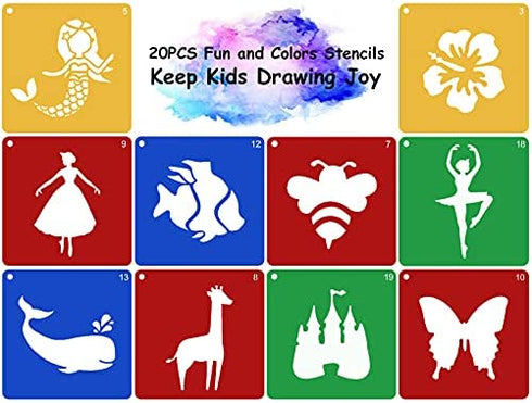 Jecarden 20 PCS Stencils for Kids, Sidewalk Chalk Stencils 8 x 8 Inch Colorful Large Stencils with 5 PCS Scratch Paper Washable Craft Fun Chalk Stencils Gift Idea for Boys and Girls to Learn Painting
