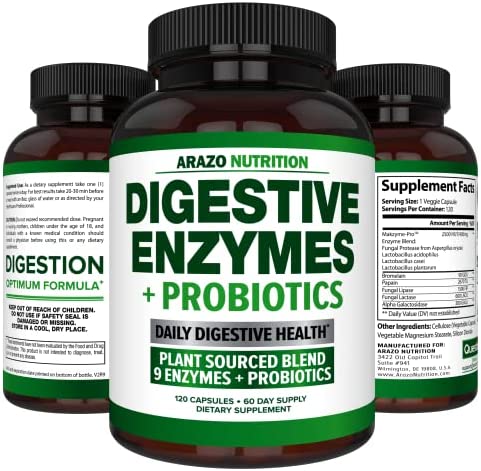 Digestive Enzymes with Probiotics - Multi Enzyme Nutritional Supplement - Acidophilus Bromelain Papaya Papain Lipase & Lactase - Improve Digestion - 120 Pills - Arazo Nutrition