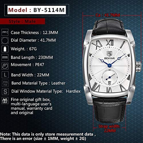 BENYAR Watch for Men Date Week Moon Phases Square 3ATM Waterproof Black Brown Blue Leather Strap Fashion Casual Classic Retro Rectangle Men's Wrist Watches Perfect Gifts for Friend