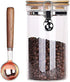 Lanyani Airtight Storage Glass Jars with Bamboo Clamp Lids and Spoons, Leak Proof Clear Glass Container Kitchen Food Storage Canister Set for Coffee, Flour, Sugar, Candy, Cookie(1 40oz Jar+Spoon)