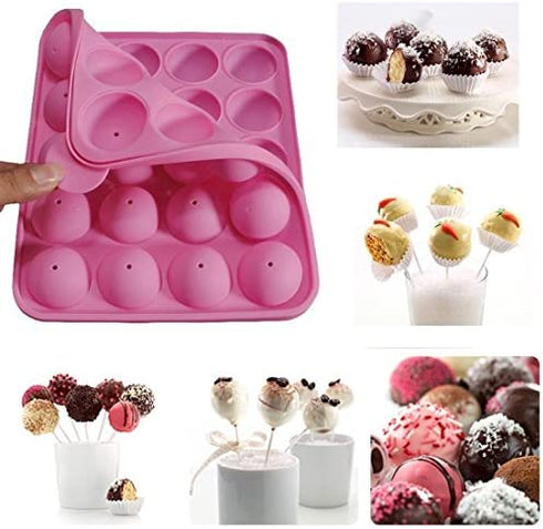 Rbenxia Silicone Cake Mold 20-cavity Half Circle Lollipop Party Cupcake Baking Mold Cake Pop Stick Mold Tray Pink with 25 Sticks