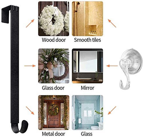 Wreath Hanger, VIS'V 15-24 Inch Adjustable Metal Wreath Hanger Front Door 20 LB Heavy Duty Over Door Wreath Hook with 4 Clear Suction Wreath Holders for Halloween Christmas Wreath Decoration - Black