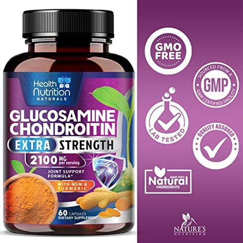 Glucosamine with Chondroitin Sulfate, Turmeric, MSM, Boswellia - Triple Strength Joint Support Supplement - Support for Joint Health and Mobility - Includes Quercetin, Bromelain - 60 Capsules
