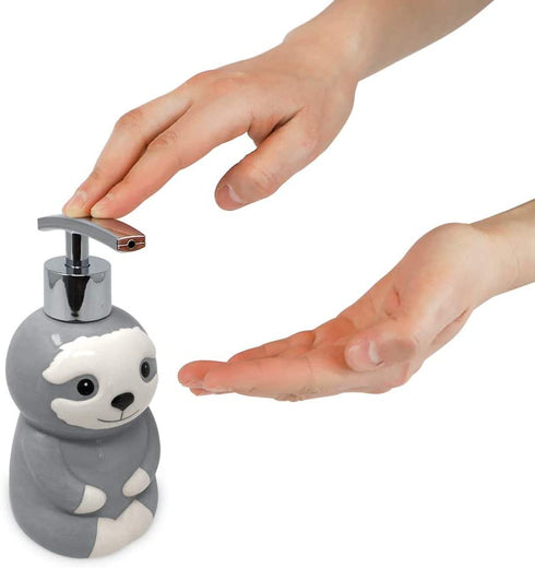 Isaac Jacobs Gray & White Ceramic Sloth, Liquid Soap Pump/Lotion Dispenser with Chrome Metal Pump (Holds Up to 12 Oz.) Great for Bathroom, Kitchen Countertop, Bath Accessory (Sloth)