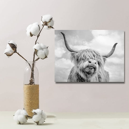 Highland Cow Black and White Canvas Wall Art Animal Print Pictures Highland Cattle Photo Framed Farmhouse Painting 12x16 inches for Home Decor