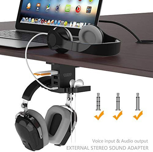 cozoo Headphone Stand with USB Hub Under Desk Headset Hanger Mount Dual Hook Holder with 3 USB Ports(usb3.0+usb2.0) and 3.5mm Jack AUX Port(Audio/Mic) External Sound Card for Gamer, DJ Earphone