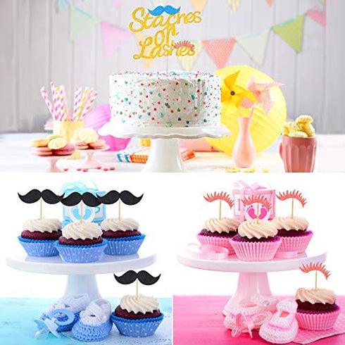 50 Pieces Staches or Lashes Set Include Gender Reveal Banner Cake and Cupcake Topper Balloons for Boy or Girl Baby Shower Birthday Party Decorations Kits (Blue and Pink)