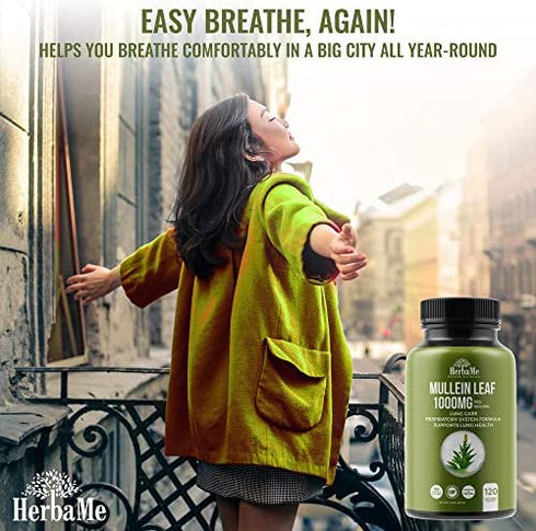 HerbaMe Mullein Leaf 1000mg, 120 Capsules, Detox Lung Cleanse, Supports Respiratory Function Health and Mucous Membranes, Lung Care, Natural Ear and Sleep Aid, Mucus Relief Herbal Supplement