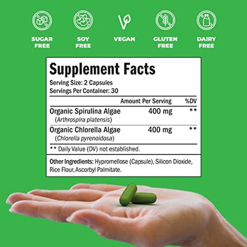 Spirulina Chlorella Green Superfood Capsules. Boosts Energy, Supports Cardiovascular Health. Antioxidant Properties for Detox and Cleanse