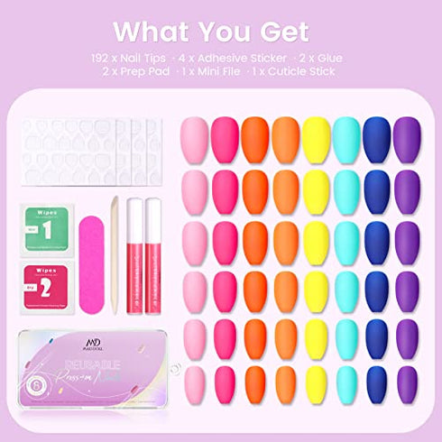 Press On Nails Neon Colors - 192 Pcs Short Coffin Acrylic Solid Fake Nails Glue On False Nails Kit for Women, 8 Solid Colors, Include Prep Pad, Tube Glue, Mini File, Cuticle Sticker and Adhesive Sticker