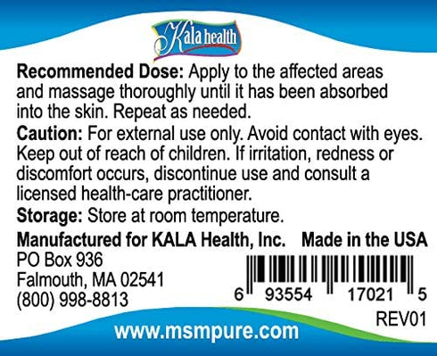Kala Health MSMPure Maximum Strength Muscle & Joint Comfort MSM Cream, 2 oz, Fast Acting & Non-Staining Formula, Made in The USA