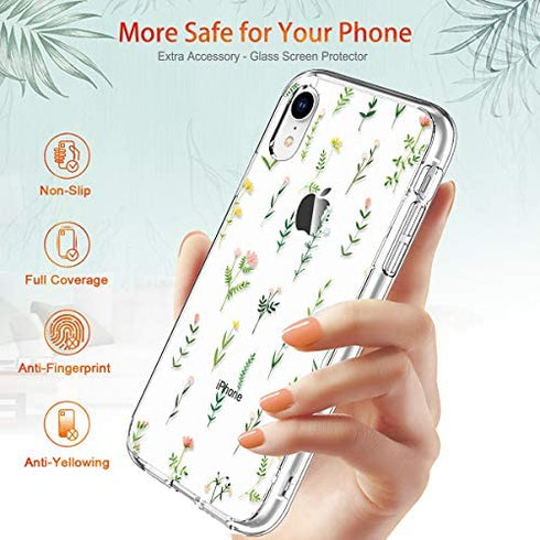 GiiKa iPhone XR Case with Screen Protector, Clear Heavy Duty Protective Case Floral Girls Women Shockproof Hard PC Back Case with Slim TPU Bumper Cover Phone Case for iPhone XR, Small Grass