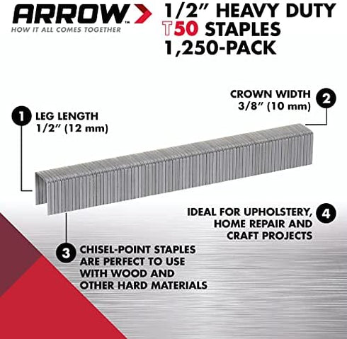 Arrow 508 Heavy Duty T50 1/2-Inch Staples for Upholstery, Construction, Furniture, Crafts, 1250-Pack
