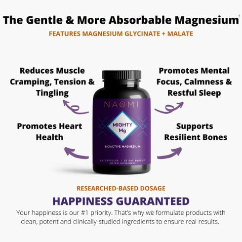 NAOMI Mighty Mg Magnesium Supplement for Heart Health, Strong Bones and Balanced Mood- BioActive Magnesium Bisglycinate 360mg - 60 Magnesium Capsules