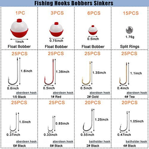 Fishing Hooks Bobbers Freshwater Tackle Kit 215pcs Fishing Gear Tackle Box Include Fishing Hooks, Fishing Weights, Bobbers for Fishing, Beginners Fishing Equipment Starter Kit for Trout Panfish