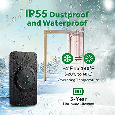 Wireless Door Bell, AVANTEK CB-21 Mini Waterproof Wireless Doorbell Operating at Over 1000 Feet, 2 Remote Buttons Can Have Different Tones, 52 Melodies, CD Quality Sound and LED Flash