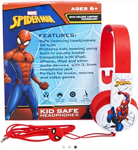 Spider Man Kid Safe Headphones for Toddlers (Small Headphones) Best for Ages 2 to 5 yrs Old Over The Ear Padded Cushions Flying on a Web Design