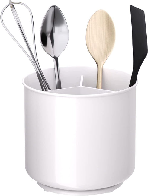Extra Large Rotating White Utensil Holder Caddy with Sturdy No-Tip Weighted Base, Removable Divider, and Gripped Insert - Rust Proof Plastic and Dishwasher Safe Kitchen Utensil Holder for Countertop