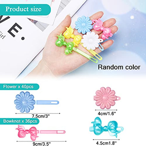 76 Pieces Self Hinge Plastic Hair Barrettes for Girls Multi-coloured Flower and Bowknot Hair Clips Cute Hair Barrettes 80s 90s Hair Clips Cartoon Design Hairpins Hair Accessories (Flower, Bowknot)