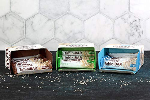 Mighty Sesame TahiniBars, Variety Pack (18 Bars) | 6 Pistachio - 6 Vanilla - 6 Cocoa Nibs | 100 Calorie Mini Halva Bars | Individually Wrapped
