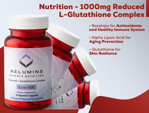 Relumins Advance Nutrition - 1000mg Reduced L-Glutathione Complex 2X More Effective Than Jarrow at Raising Serum Glutathione, Antioxidant - Alpha Lipoic Acid, Rosehips - 30 Veggie Caps