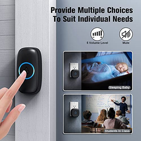 SECRUI Wireless Doorbell with 2 Receivers, Waterproof Mini Doorbell 1,000ft Range 110dB Mute Mode 58 Door Chimes & Colorful LED Flashing - Black